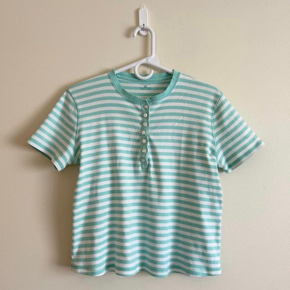 Size Large Jones NY Green/White Striped 1/4 Button Dwn Tee - Picture 6 of 6